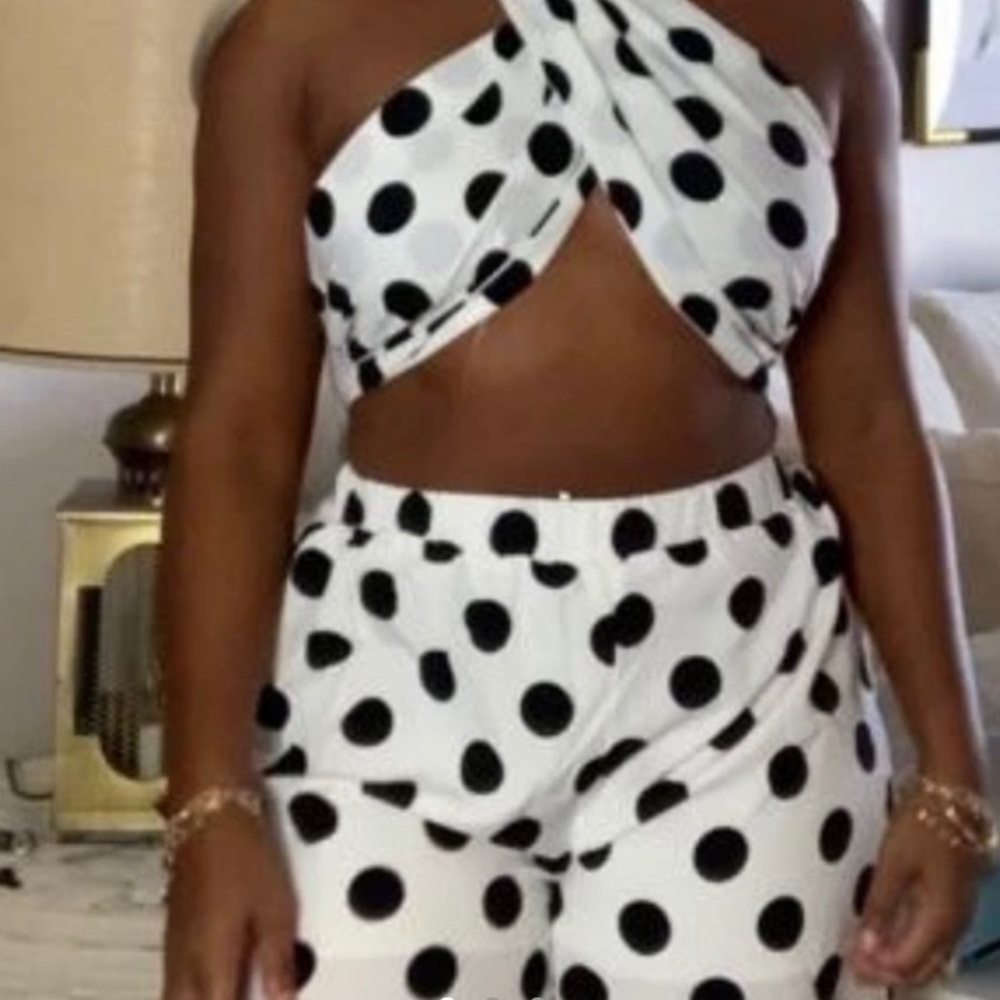 Black and White Polka Dot Halter Top/ Bottom Set